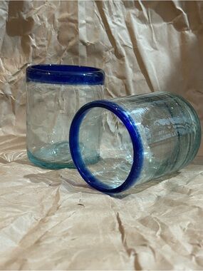 2 Mexican Artisan Hand Blown Tumblers Cobalt Blue Cocktail Water Glass Barware